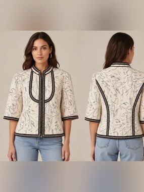 Nygard Collection Petite Linen Blend Embroidered Jacket Size 14 Cream Black Flor